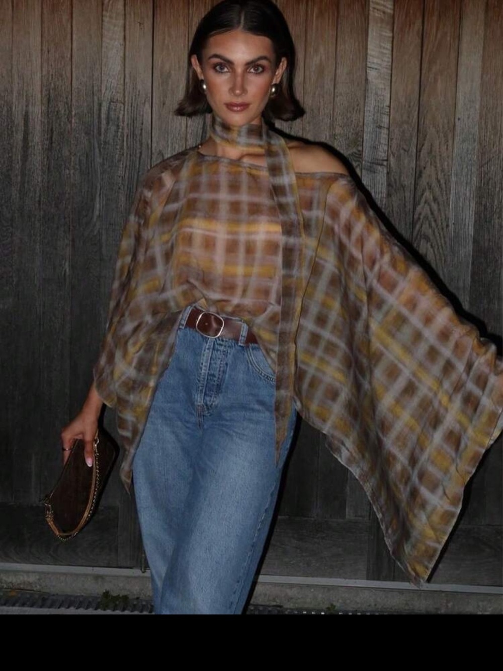 SHEIN Brown Multi Plaid Sheer Scarf Poncho